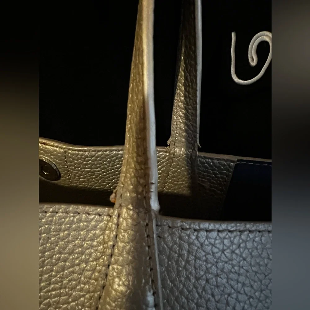 Tory Burch Perry Metallic Gray Leather Large Silver Tote Bag